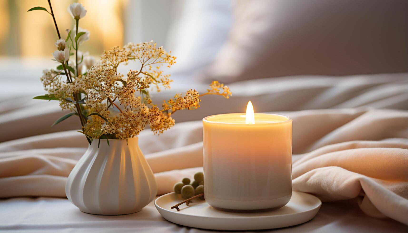 ai généré confortable chambre fleur bouquet, bougie, bois tableau, confortable lit généré par ai photo