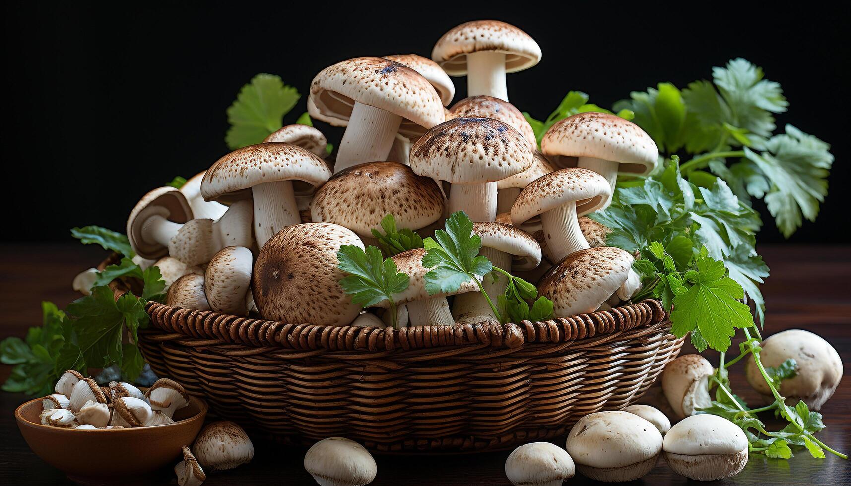 ai généré fraîcheur de biologique comestible champignons dans rustique en bois bol généré par ai photo