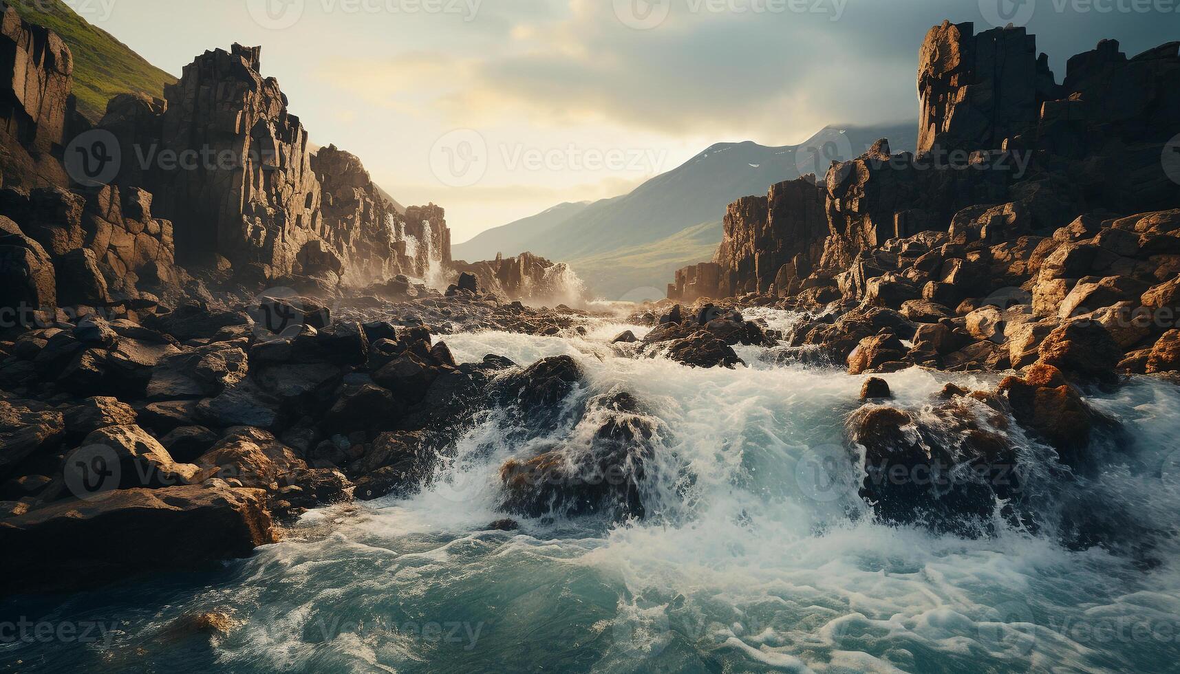 ai généré majestueux Montagne culminer, tranquille paysage marin, écoulement eau, extrême terrain généré par ai photo