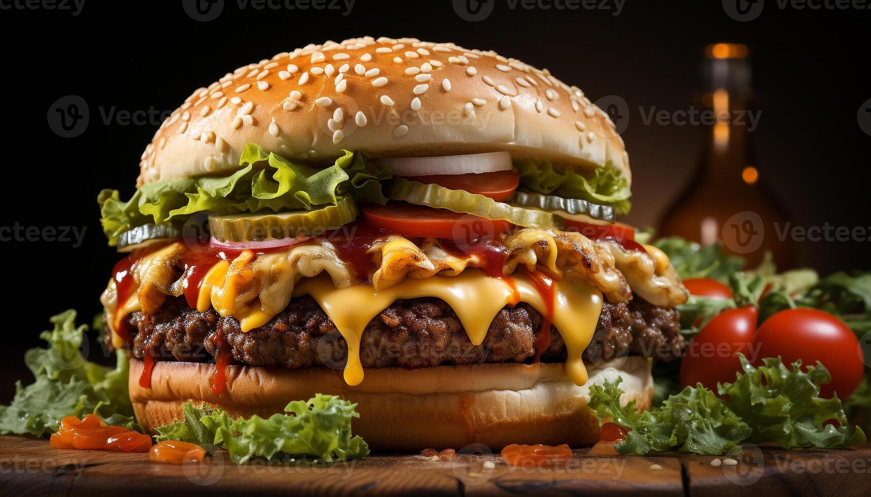 ai généré grillé gourmet Burger avec fromage, tomate, et Frais des légumes généré par ai photo