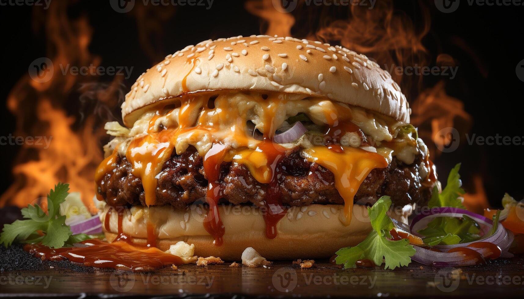 ai généré grillé gourmet Burger, Frais tomate, fondu fromage sur chignon généré par ai photo