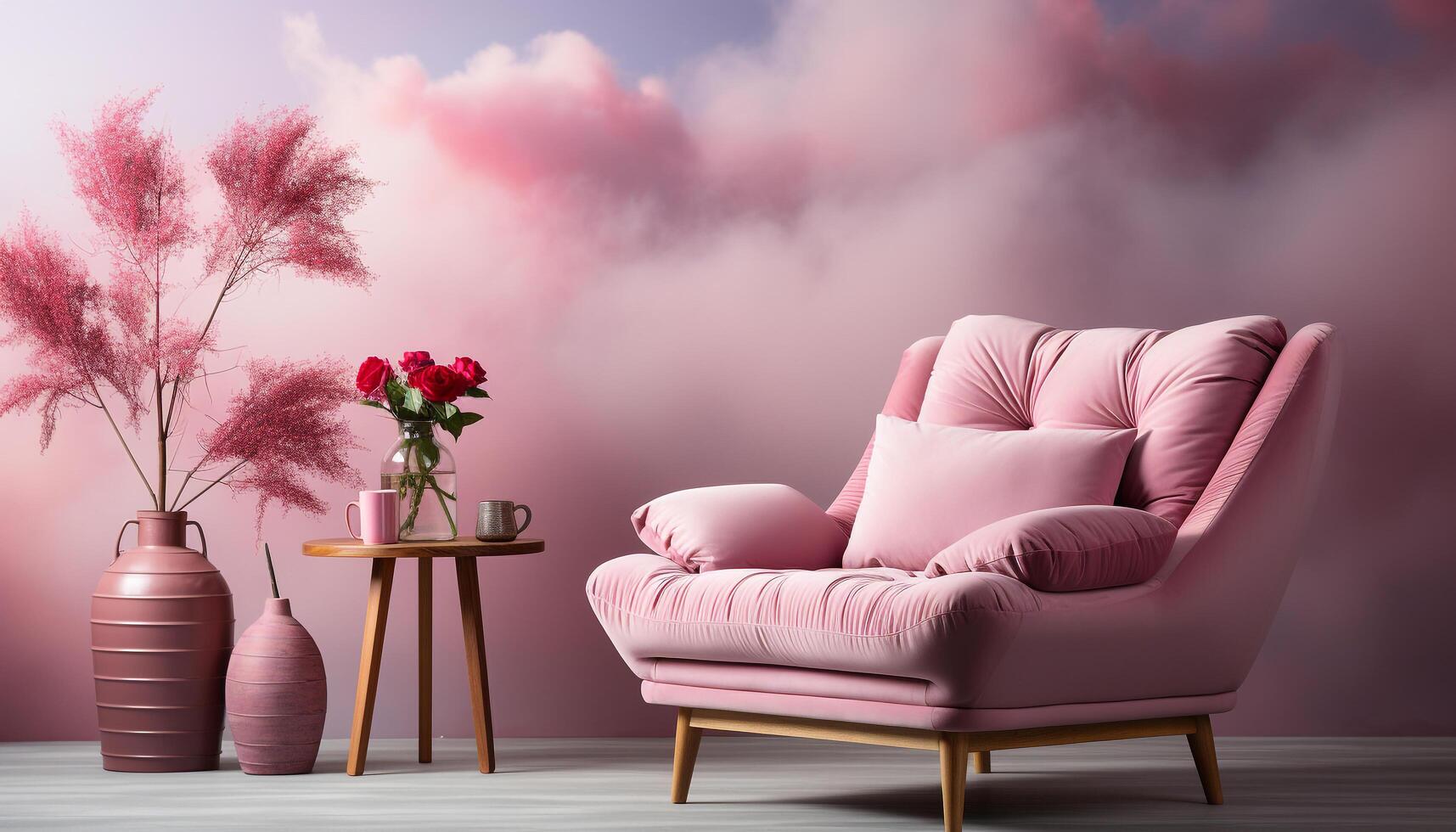 ai généré moderne vivant pièce avec rose canapé, violet chaise, et en bois table généré par ai photo