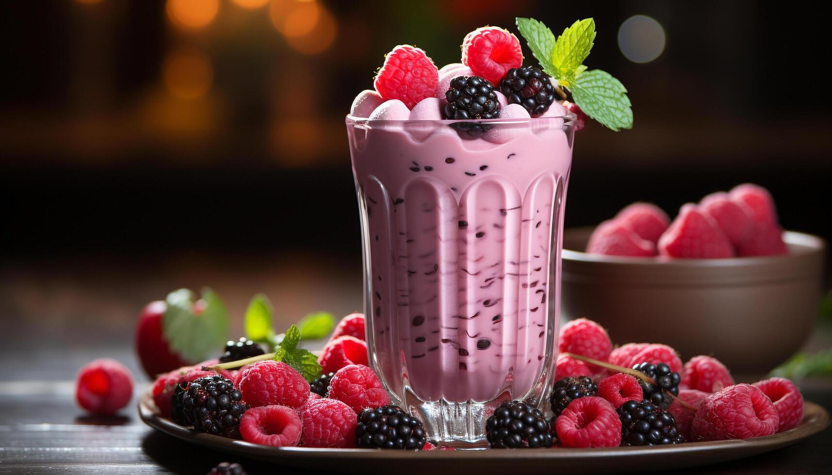 ai généré fraîcheur dans une bol framboise, myrtille, et fraise Milk-shake généré par ai photo