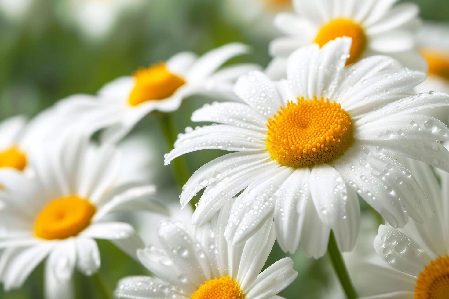 ai généré embrassé par la rosée marguerites dans croustillant Matin lumière photo