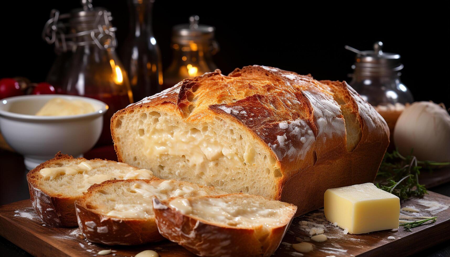 ai généré une gourmet repas frais, cuit pain sur rustique table généré par ai photo