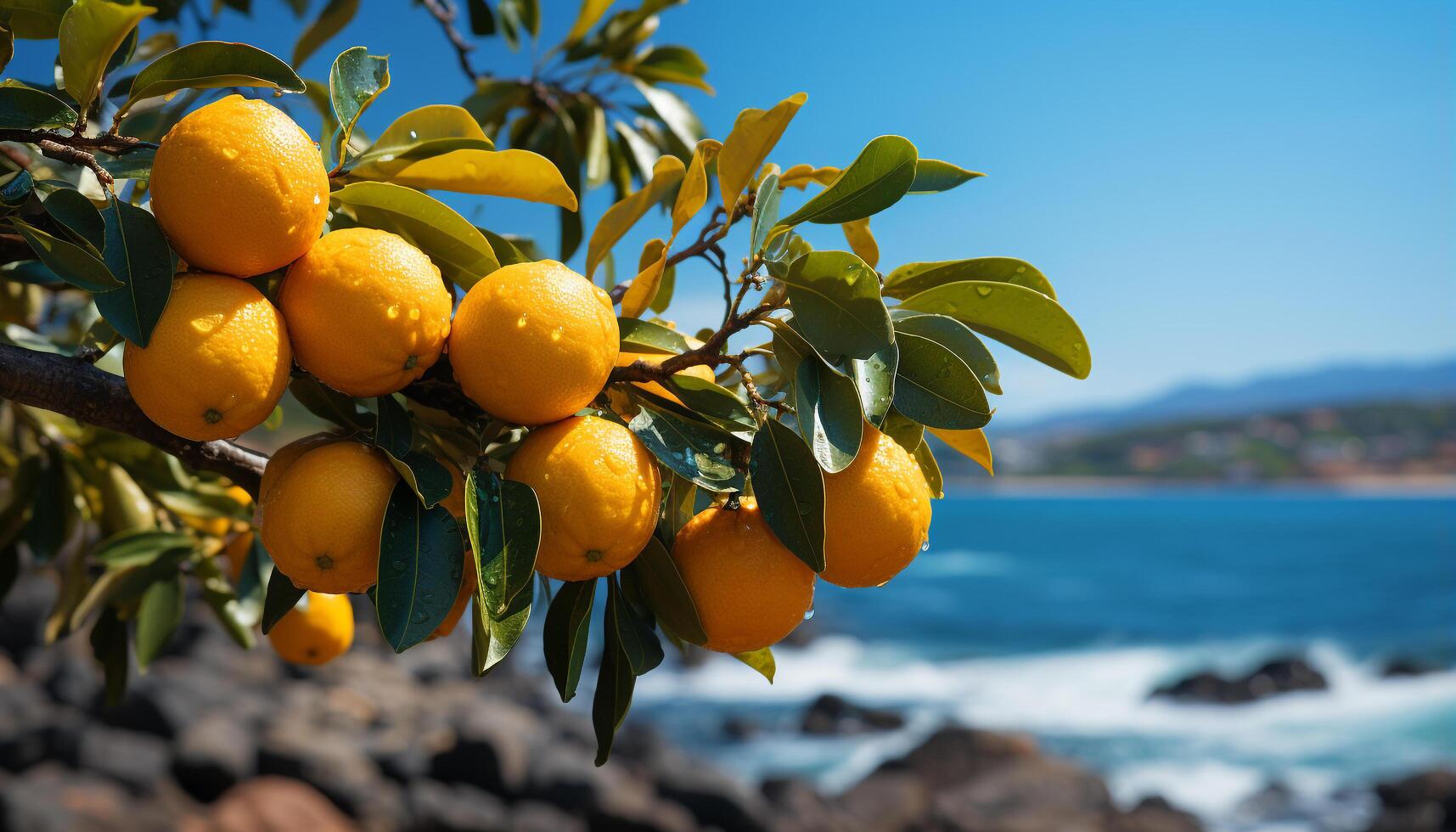 ai généré fraîcheur de été mûr agrumes fruit sur vert arbre généré par ai photo