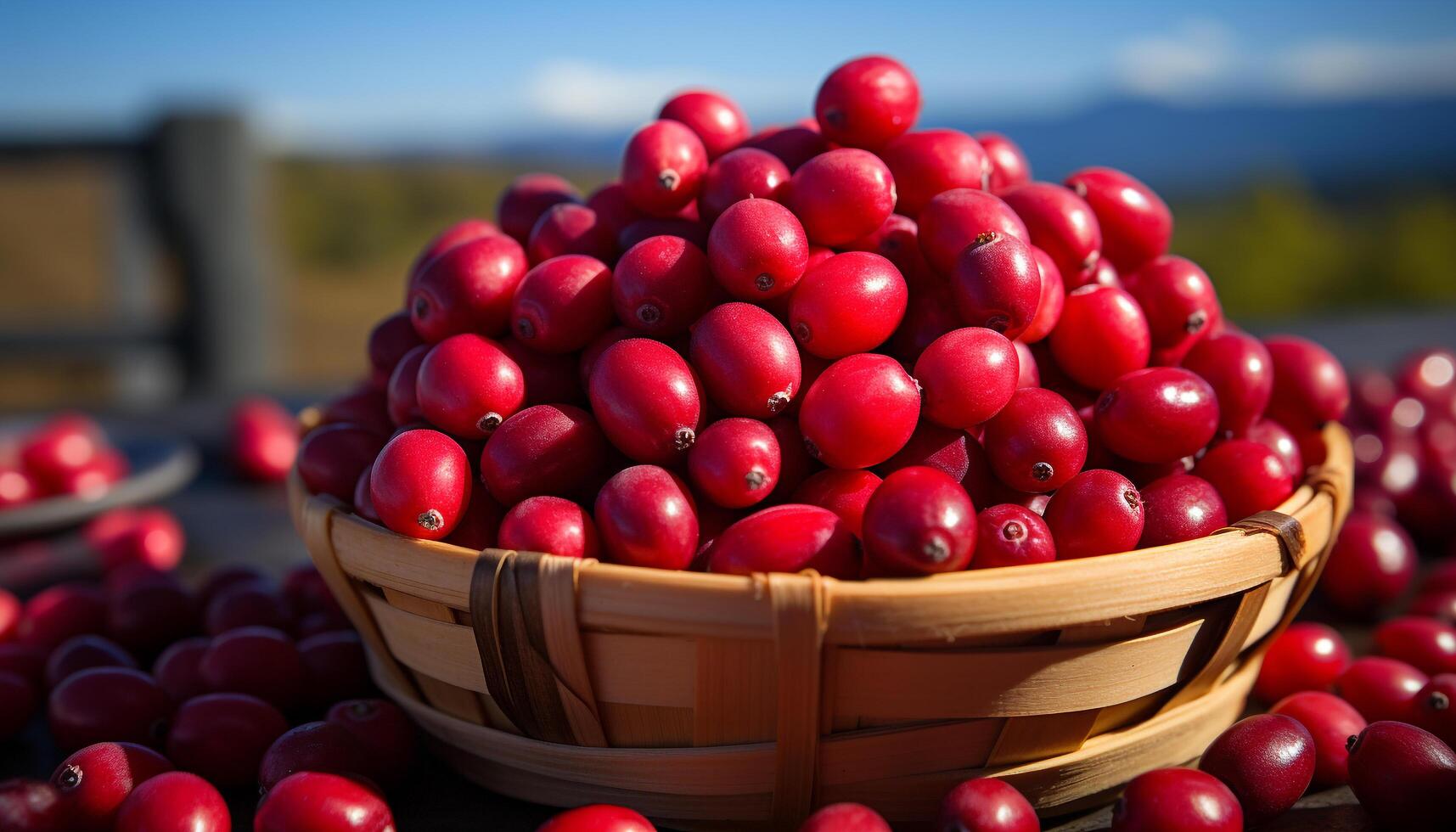 ai généré fraîcheur de la nature dans une en bonne santé en mangeant panier de biologique mûr des fruits généré par ai photo