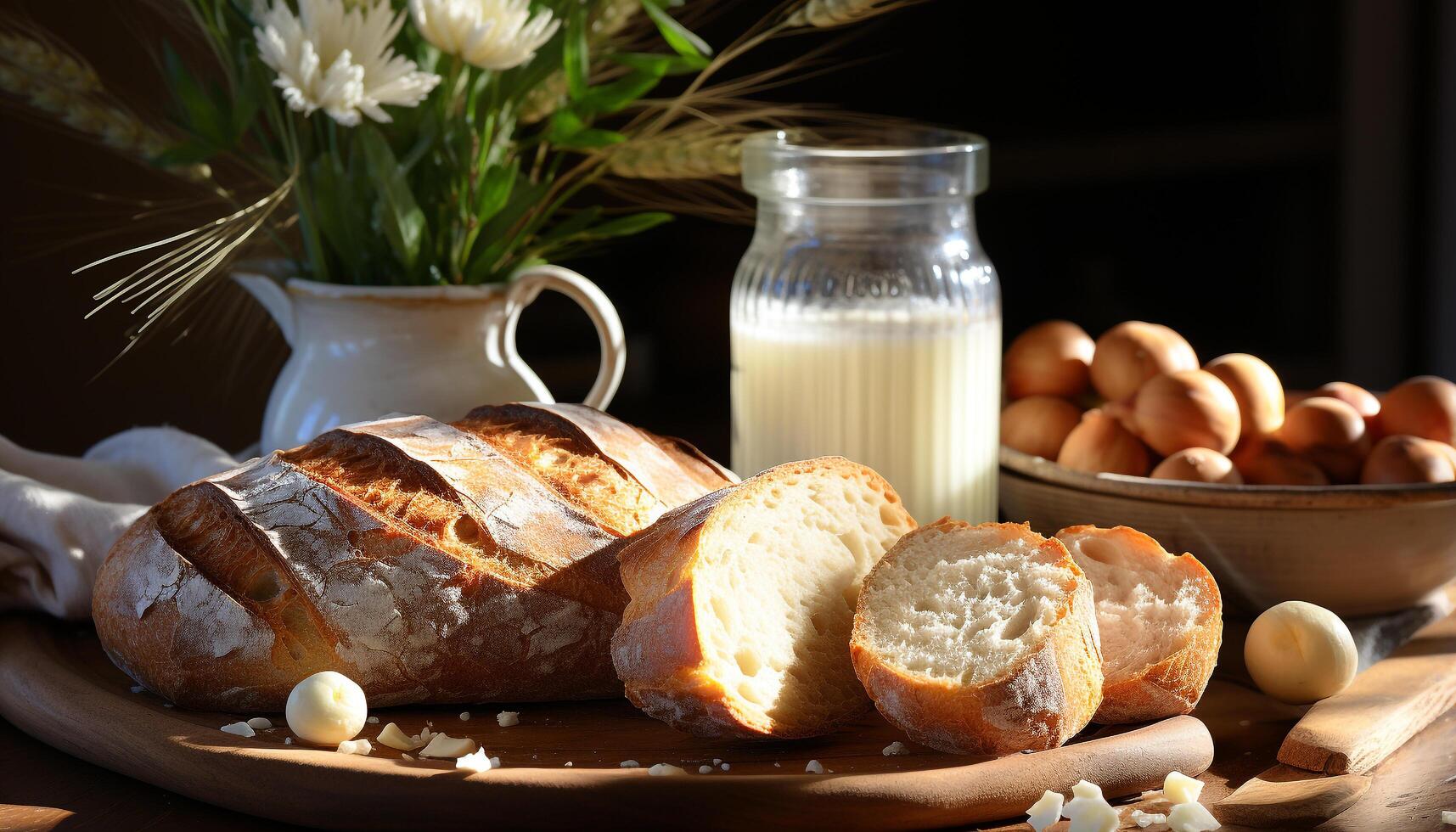 ai généré fraîcheur de fait maison pain, lait, et gourmet repas sur table généré par ai photo