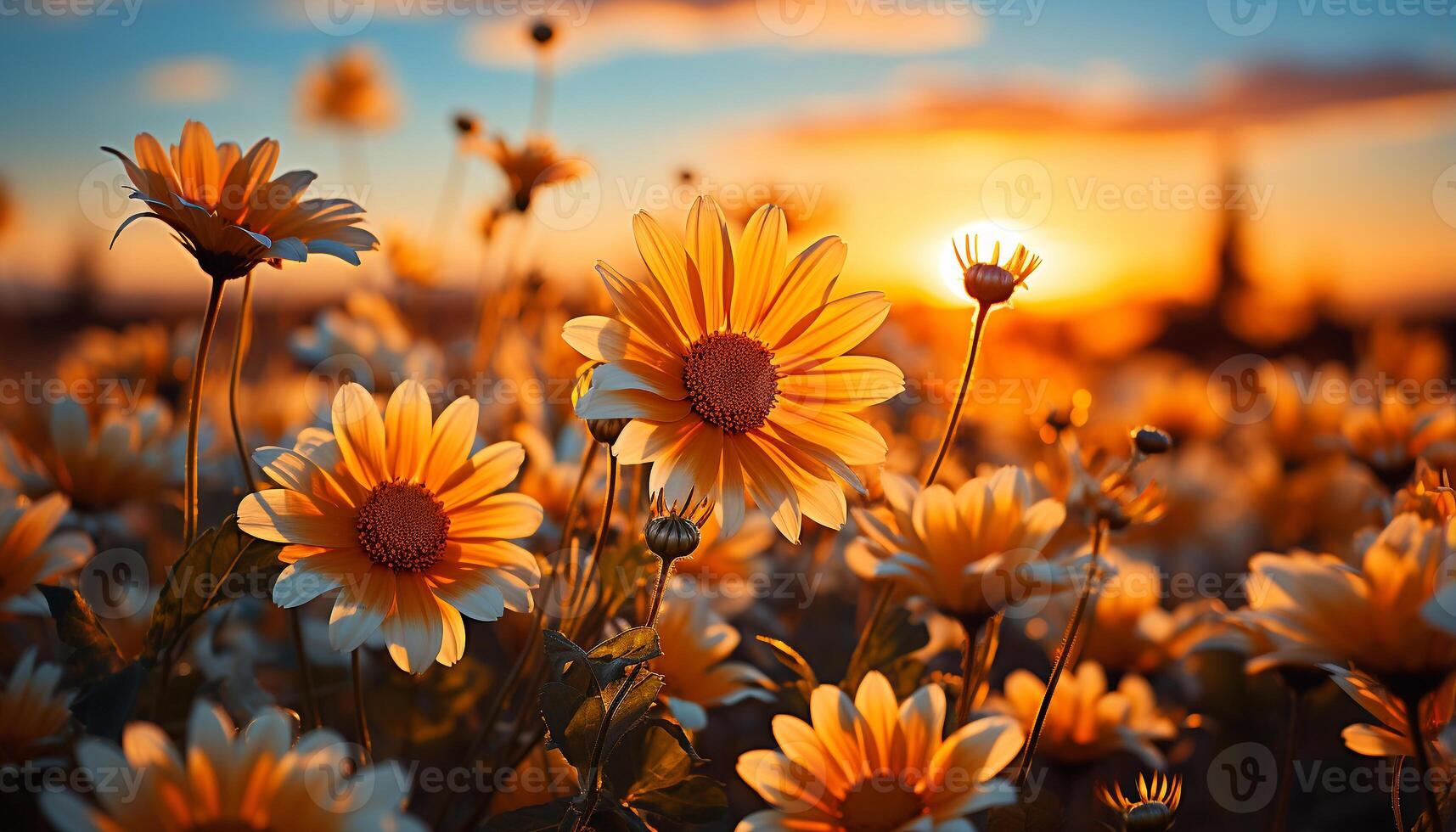 ai généré le coucher du soleil prairie, Jaune Marguerite, vibrant lever du soleil, tranquille camomille ferme généré par ai photo