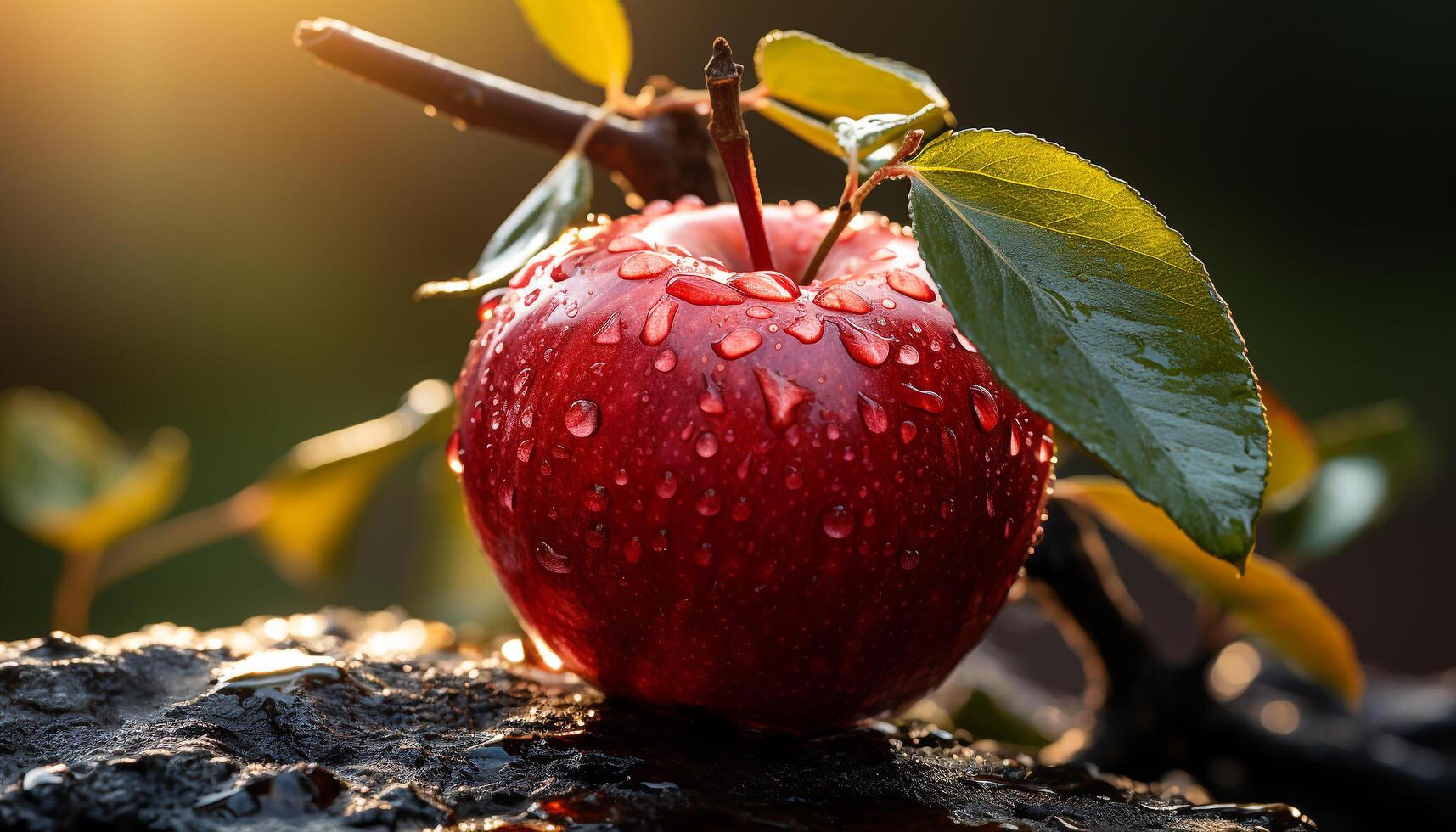 ai généré fraîcheur de la nature mûr pomme, humide avec rosée généré par ai photo