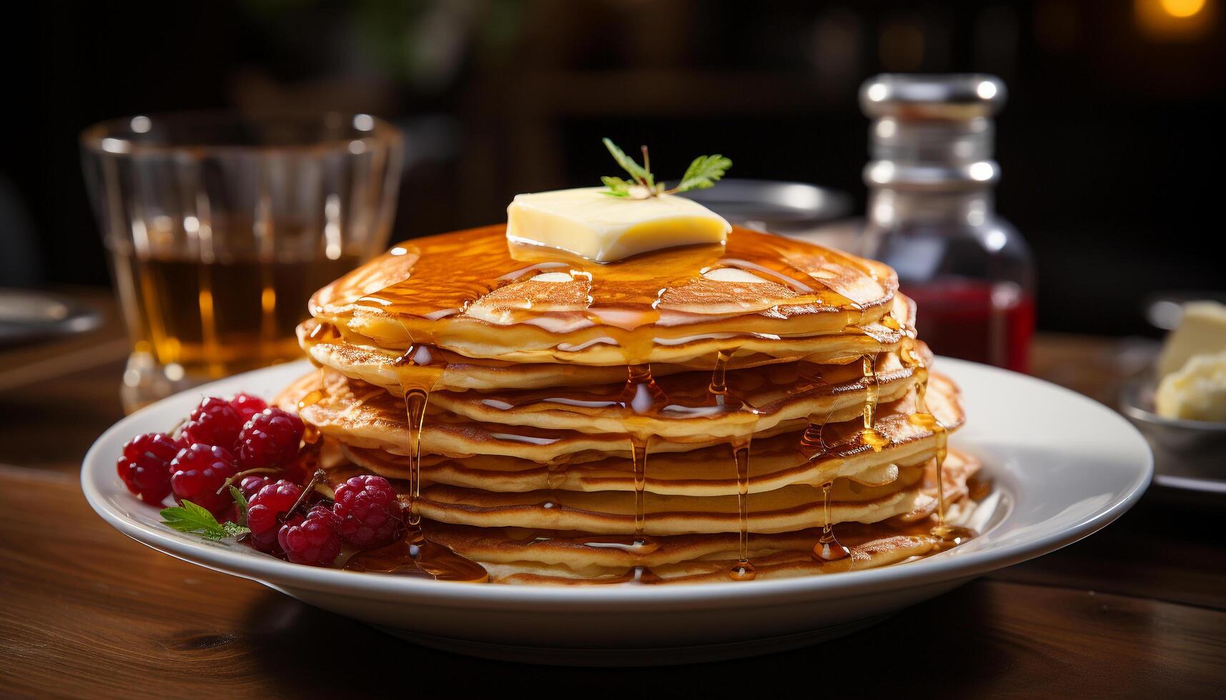 ai généré fraîchement cuit Crêpes empilés sur une en bois tableau, bruine avec mon chéri généré par ai photo