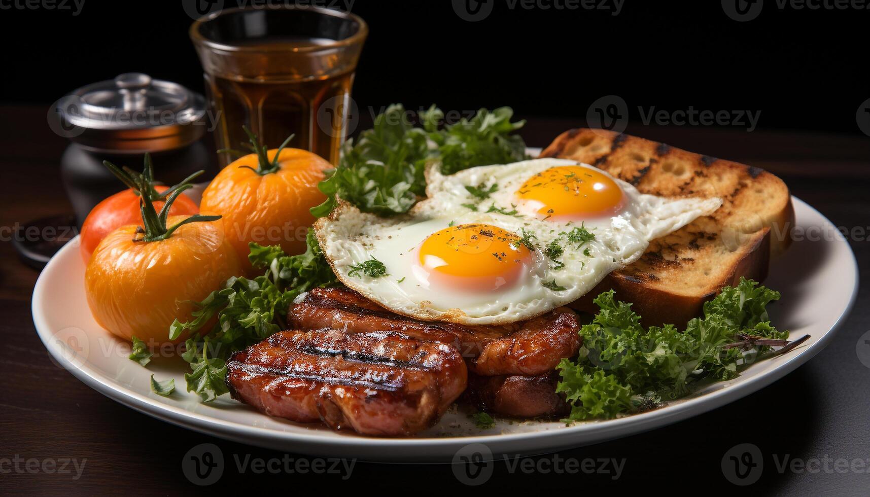 ai généré grillé Viande, Frais tomate, en bonne santé salade, cuit porc, frit Oeuf généré par ai photo