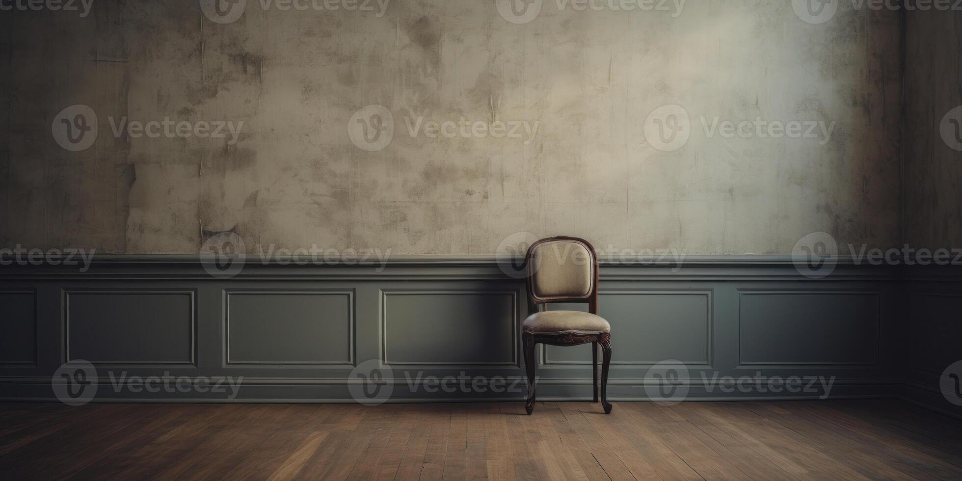 ai généré chaise dans foncé vide pièce sur rugueux mur Contexte. abandonné meubles, solitude concept. génératif ai photo
