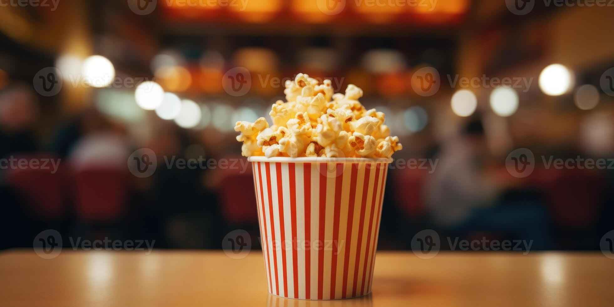 ai généré pop corn dans rouge et blanc rayé papier carton seau sur brouiller Contexte. de face voir. génératif ai photo