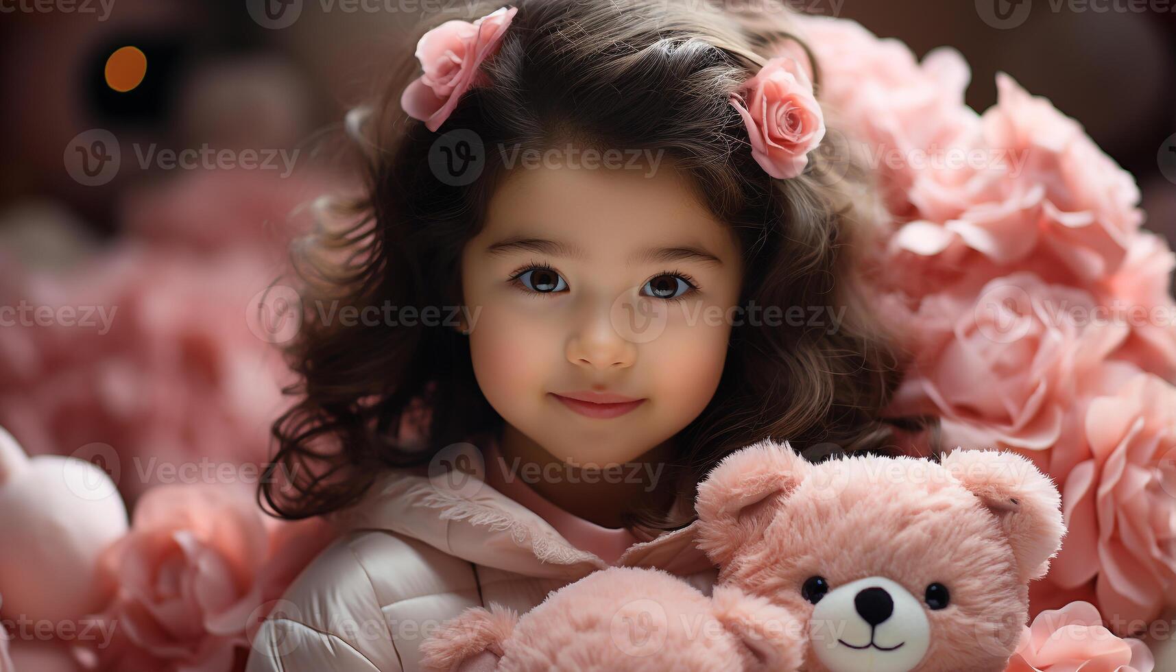 ai généré mignon, souriant enfant embrasse nounours ours, profiter espiègle en plein air généré par ai photo