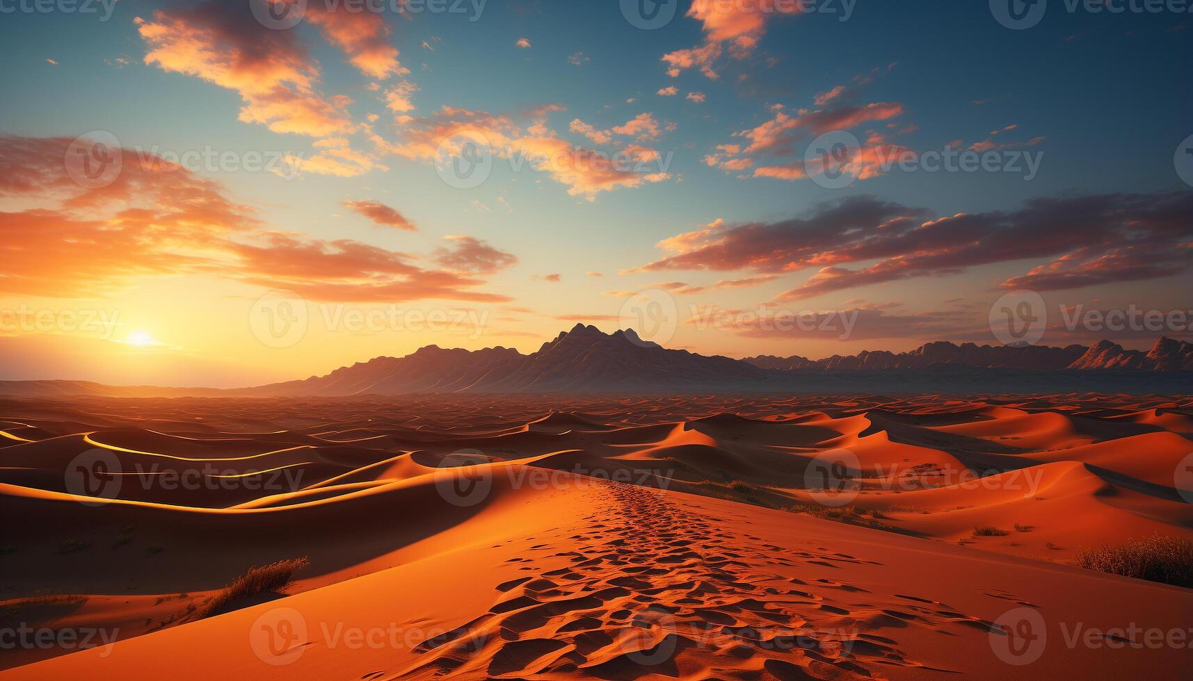 ai généré le coucher du soleil plus de le majestueux africain le sable dunes, une tranquille beauté généré par ai photo