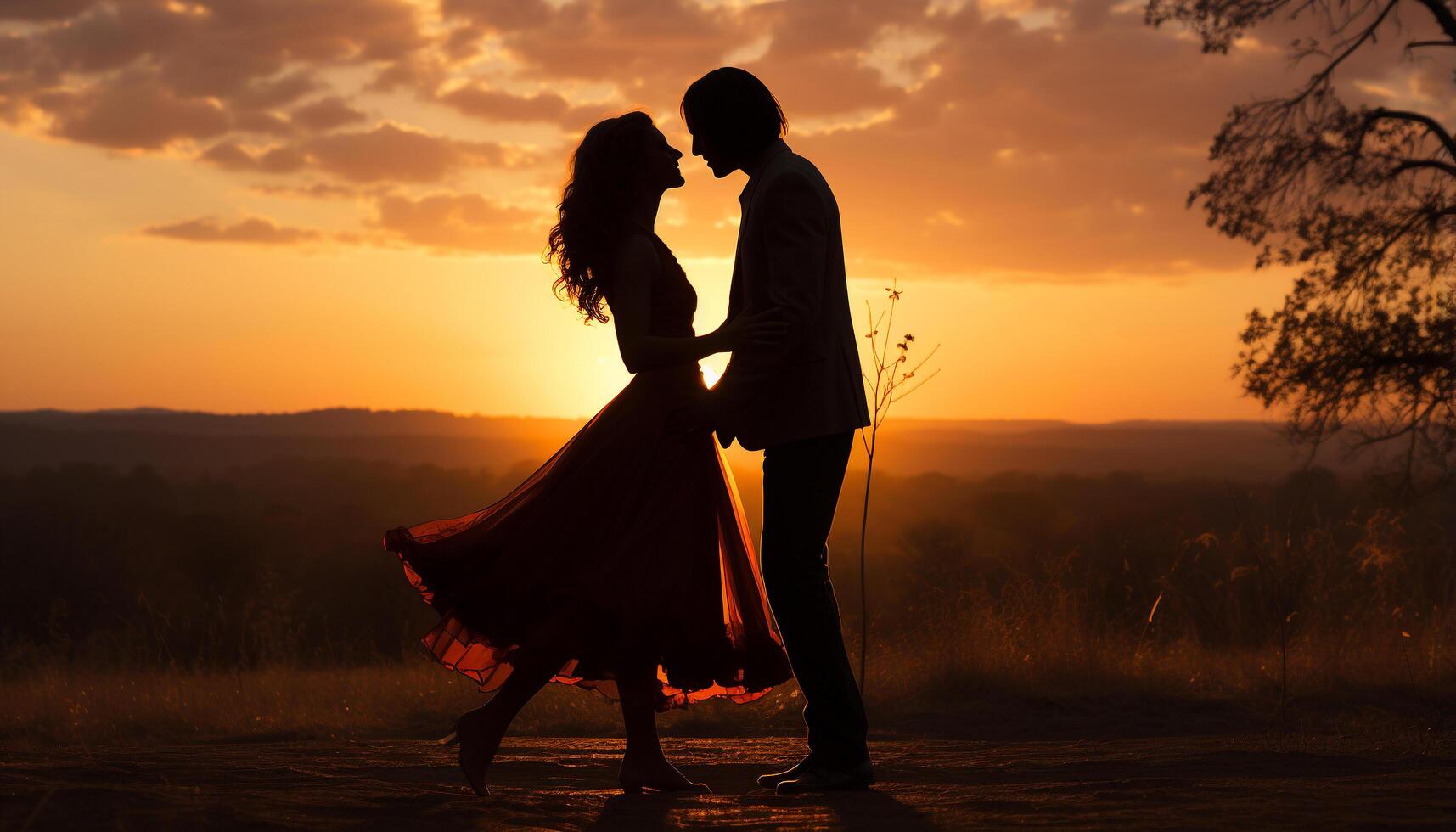 ai généré une marié couple embrasse à coucher de soleil, célébrer leur l'amour généré par ai photo