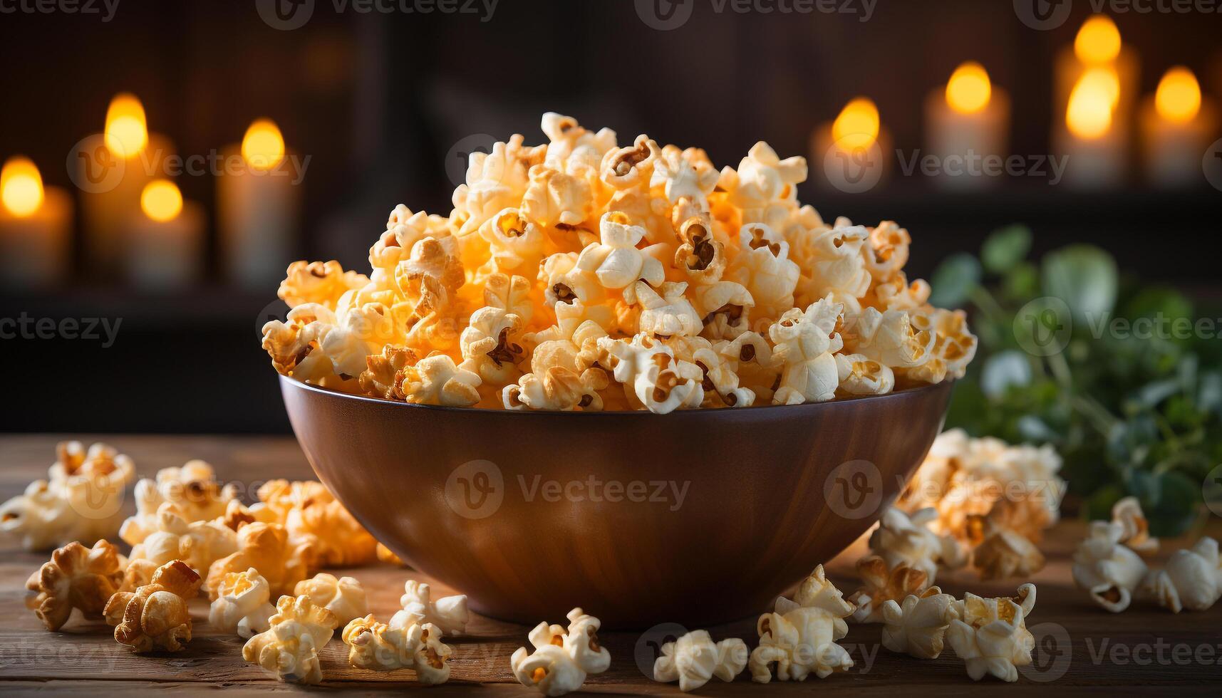 ai généré Frais pop corn dans une Jaune bol sur une en bois table généré par ai photo