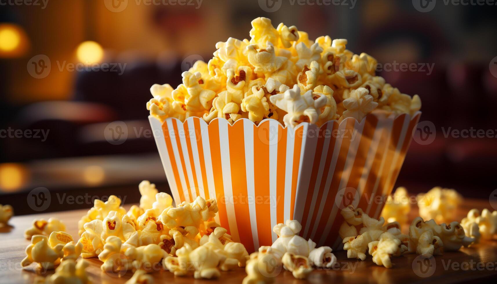 ai généré en train de regarder une film, le grignotage sur pop corn dans une Jaune seau généré par ai photo