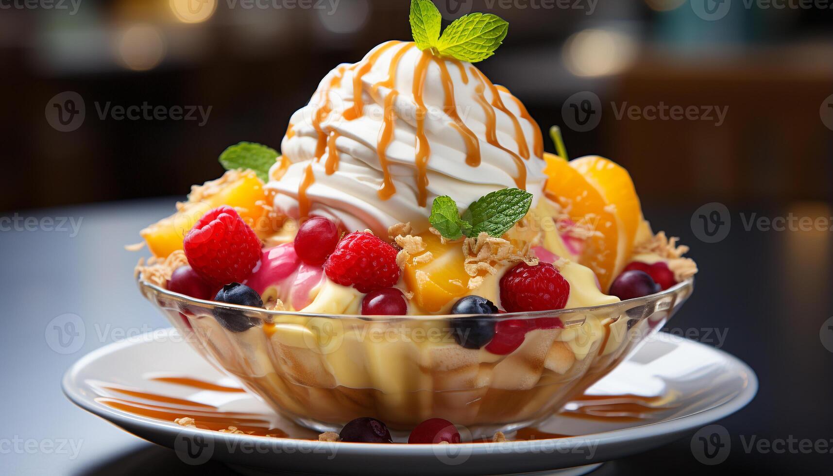 ai généré Frais fruit dessert framboise, fraise, myrtille, menthe feuille, fouetté crème généré par ai photo