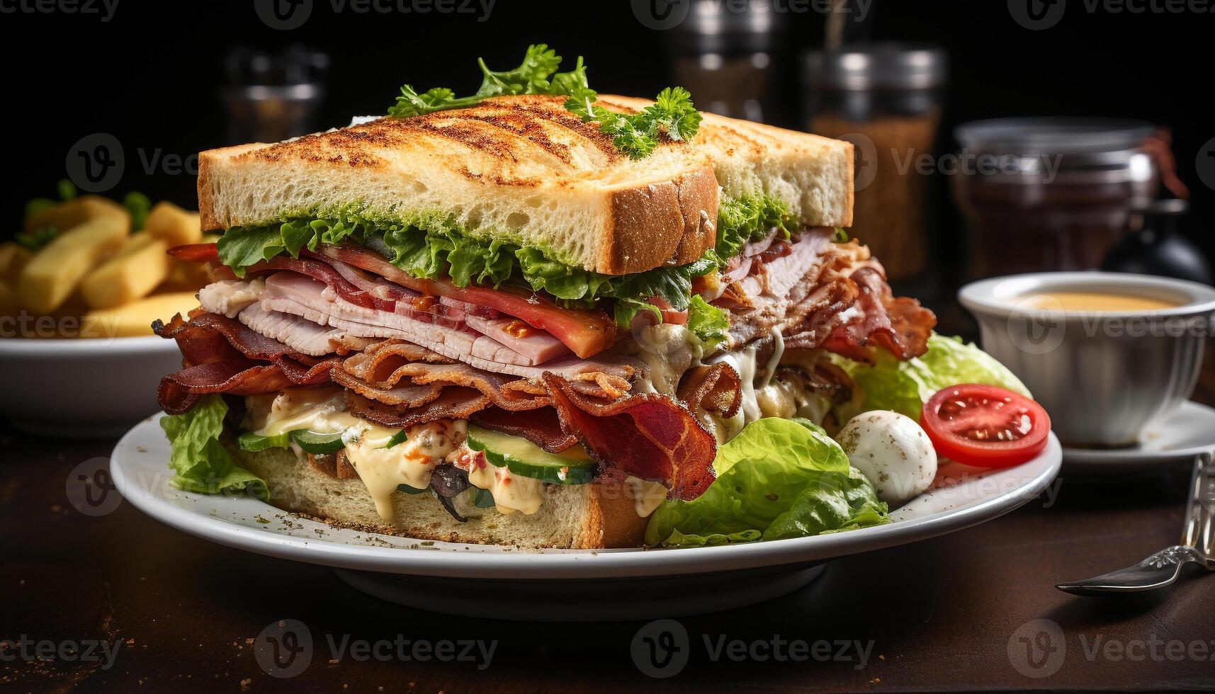 ai généré grillé Viande sandwich sur pain ciabatta, Frais salade, en bonne santé en mangeant généré par ai photo