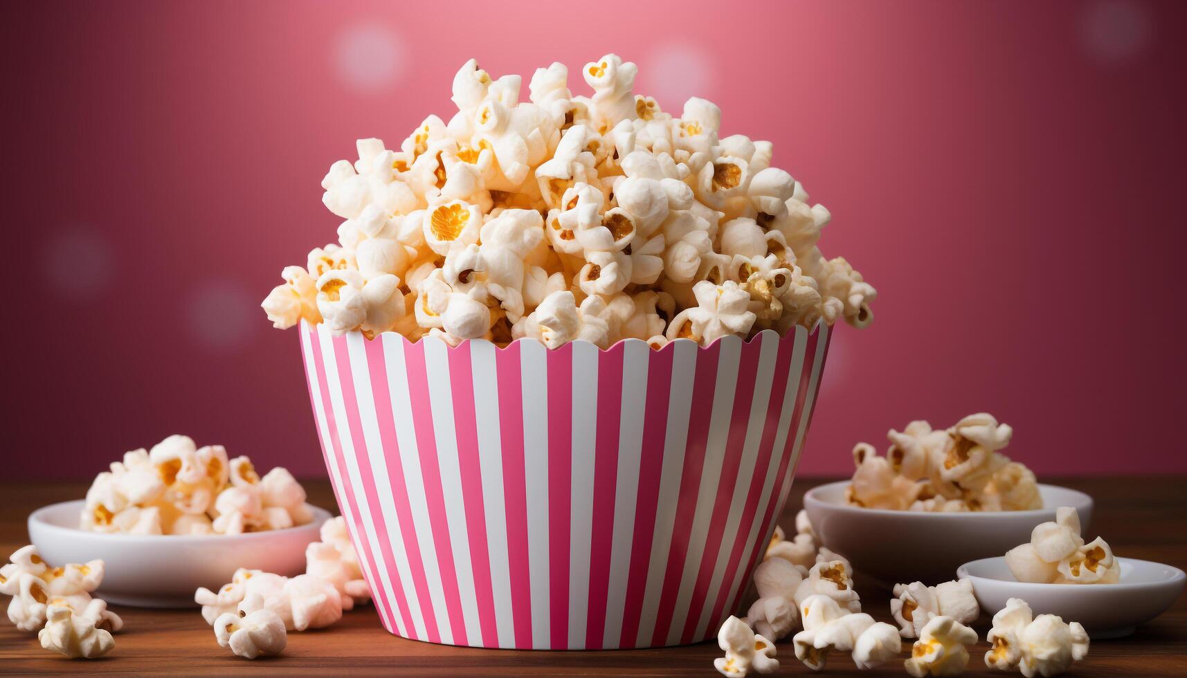 ai généré en train de regarder une film, le grignotage sur Frais pop corn dans une rayé bol généré par ai photo