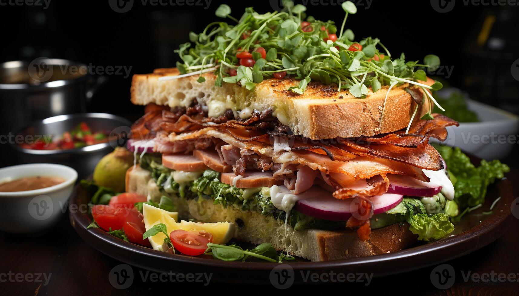 ai généré grillé Viande, Frais salade, et en bonne santé sandwich sur assiette généré par ai photo