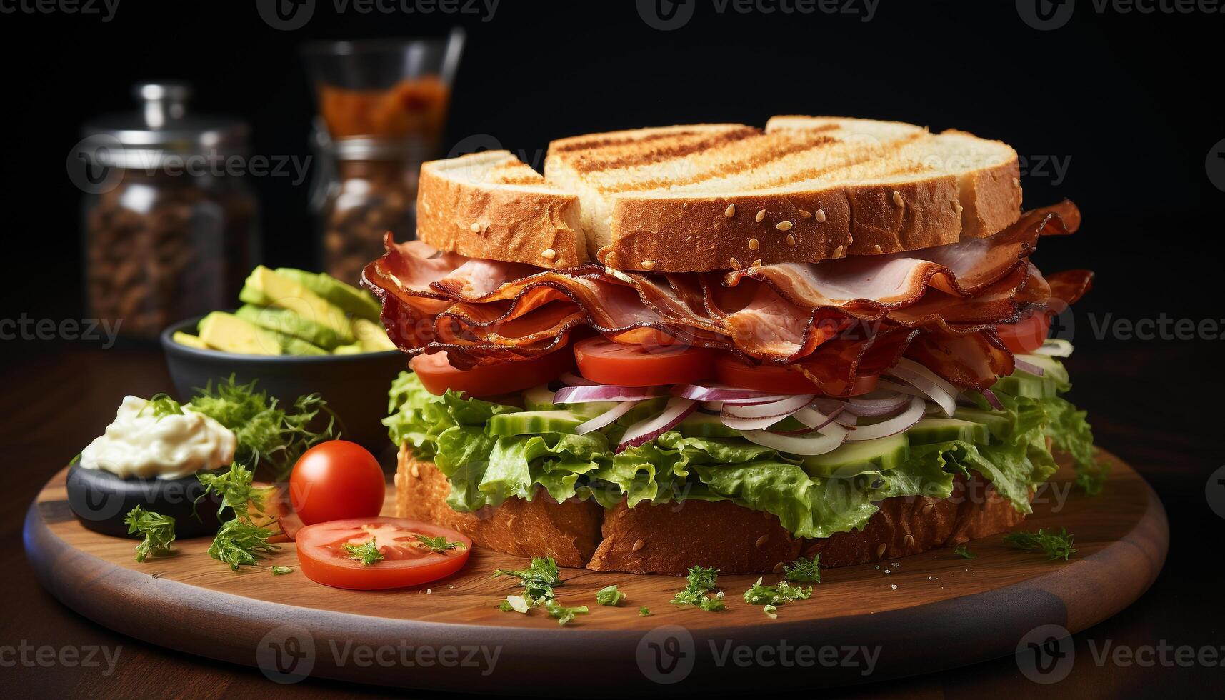 ai généré fraîcheur sur une en bois assiette grillé Viande sandwich avec des légumes généré par ai photo