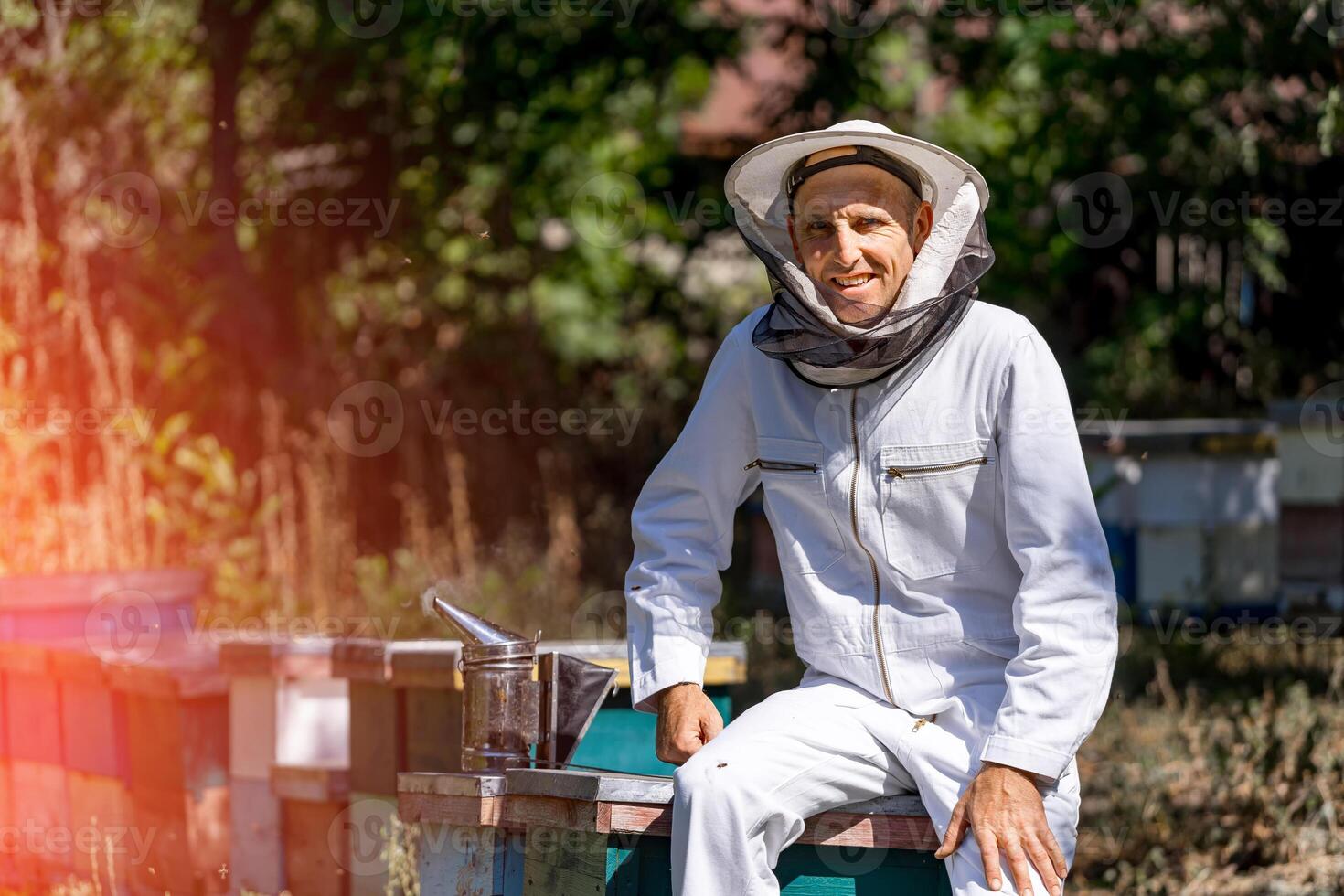 souriant apiculteur dans blanc uniforme. homme séance près travail équipement et ruches. photo