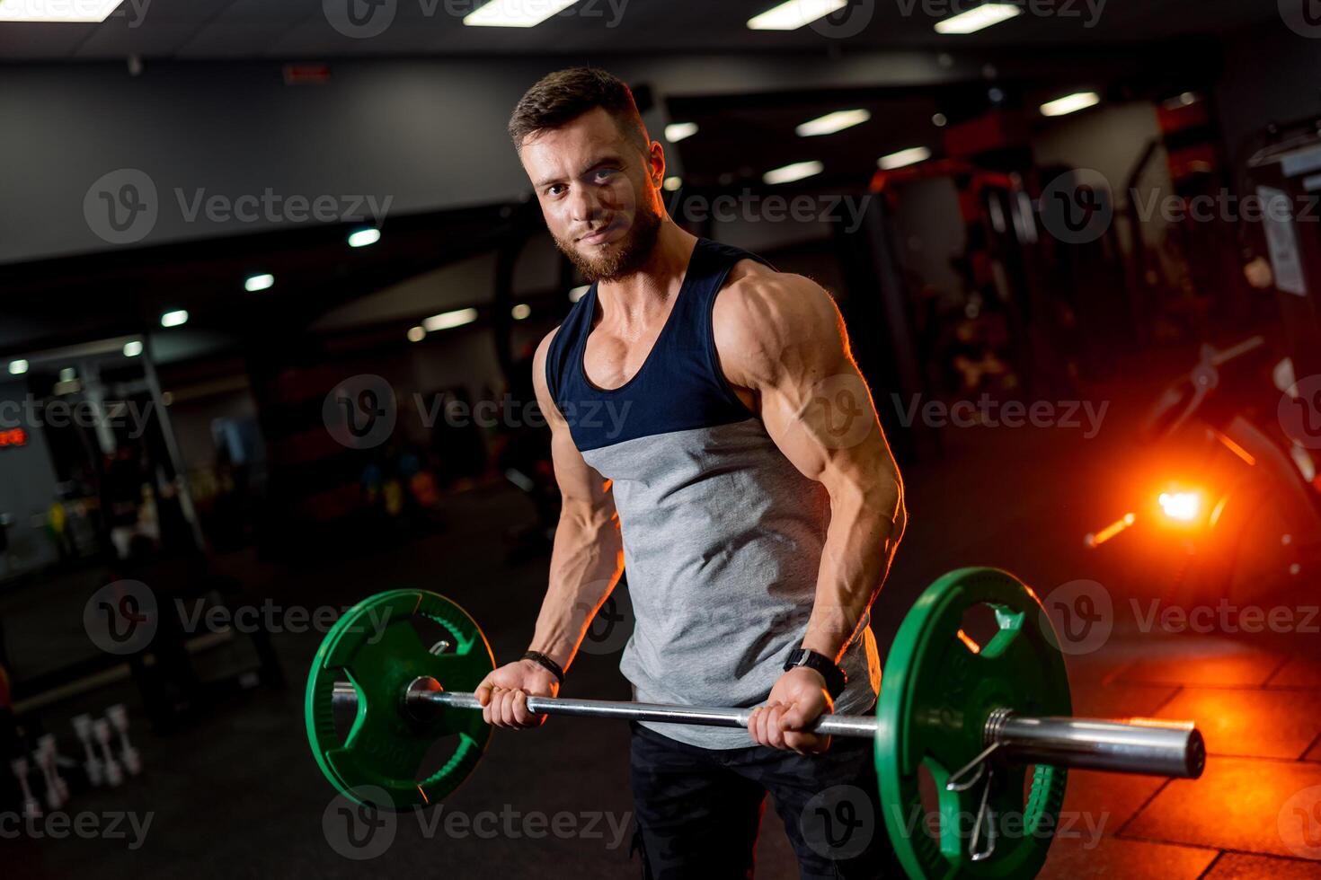 fort sportif homme avec musclé corps type Faire des exercices avec poids dans moderne salle de sport. photo