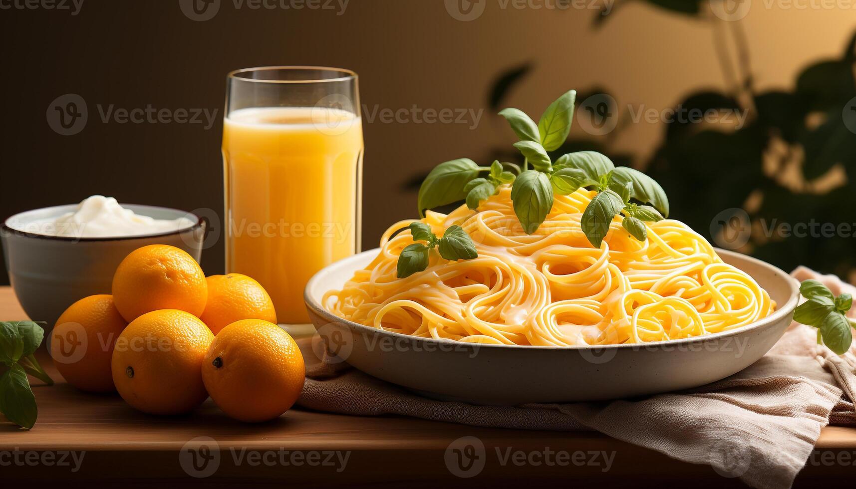 ai généré fraîcheur et en bonne santé en mangeant sur une en bois table avec fruit, Pâtes, et gourmet repas généré par ai photo