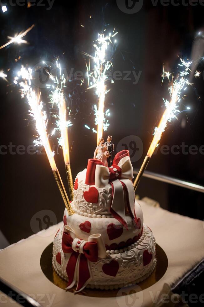 élégant mariage gâteau pendant accueil photo