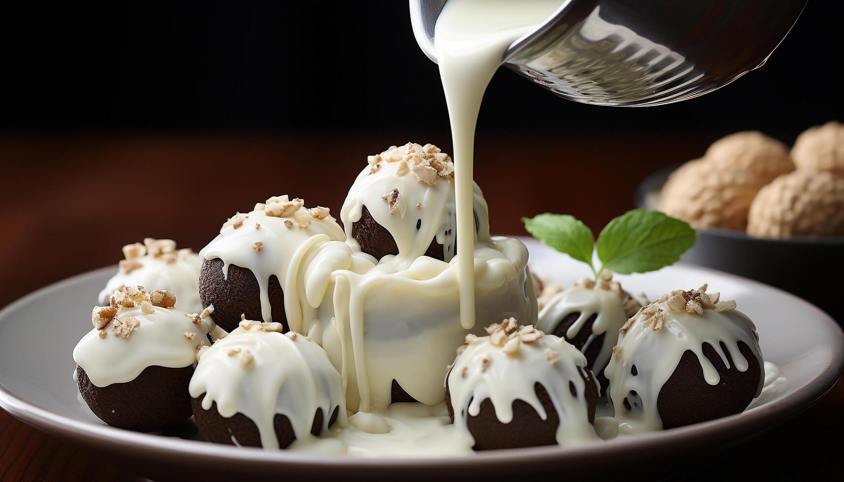 ai généré fraîchement cuit Chocolat gâteau avec crémeux fouetté glaçage et fruit généré par ai photo