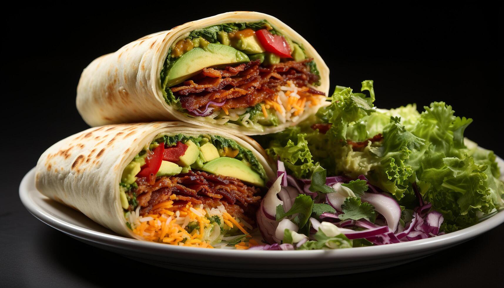 ai généré grillé du boeuf taco avec Frais tomate et guacamole salade généré par ai photo