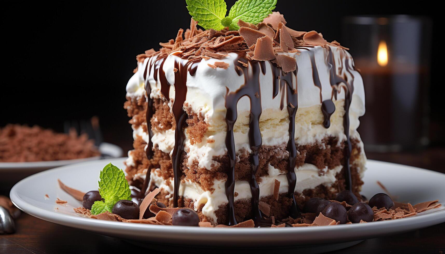 ai généré une gourmet dessert foncé Chocolat gâteau avec fouetté crème généré par ai photo