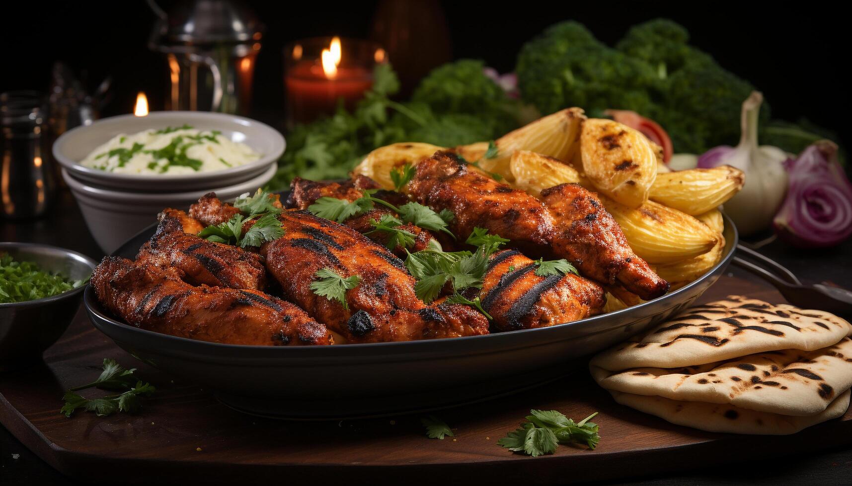 ai généré grillé Viande sur plaque, Frais légumes, en bonne santé fait maison barbecue généré par ai photo