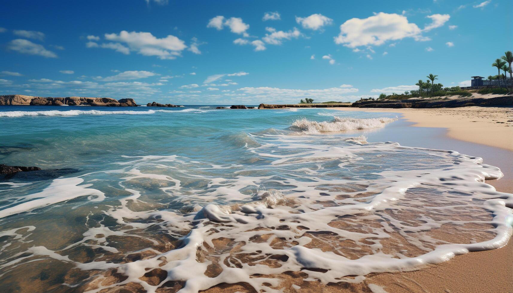 ai généré idyllique été coucher de soleil, tranquille des eaux bord, tropical beauté dans la nature généré par ai photo