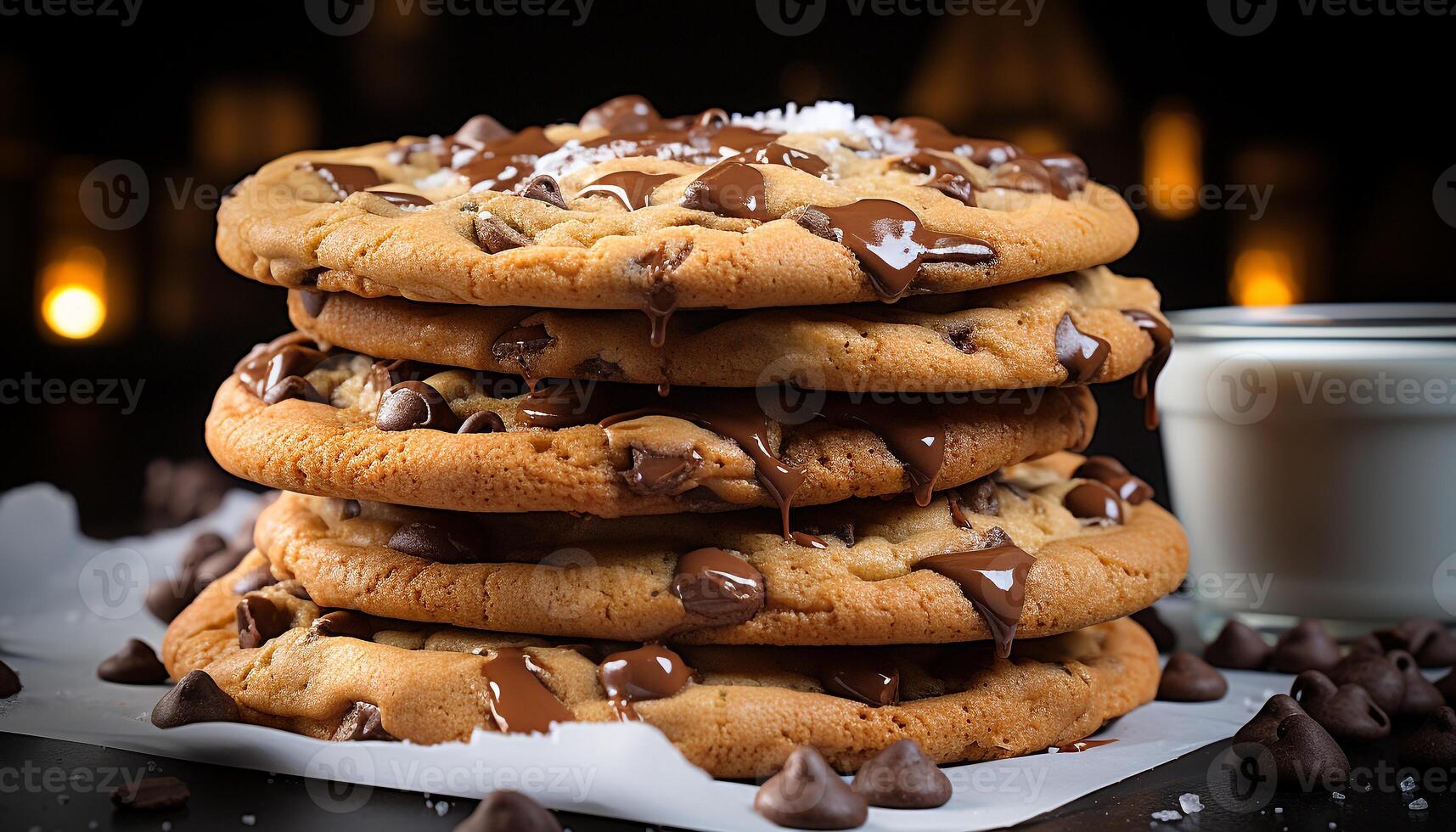 ai généré fait maison Chocolat puce biscuits empilés sur rustique en bois table généré par ai photo