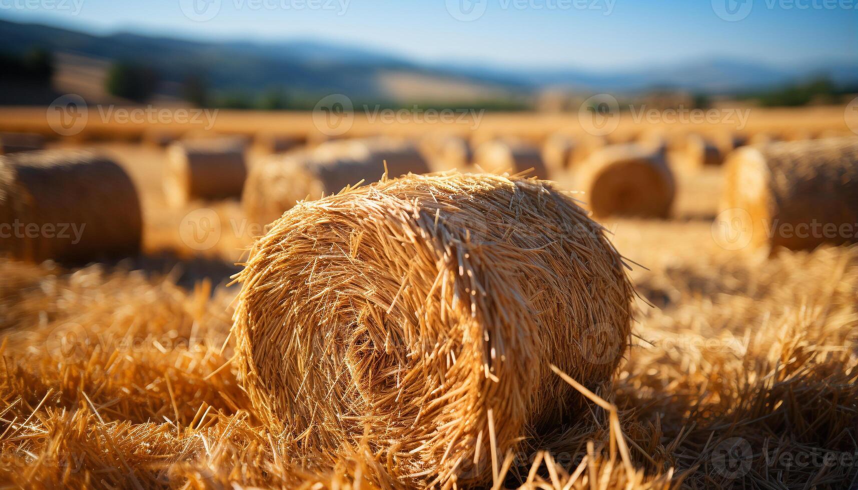 ai généré d'or meules de foin point le rural paysage, une récolte dans mouvement généré par ai photo