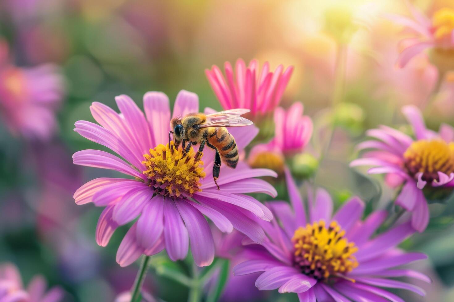 ai généré abeille sur une violet aster dans d'or lumière photo