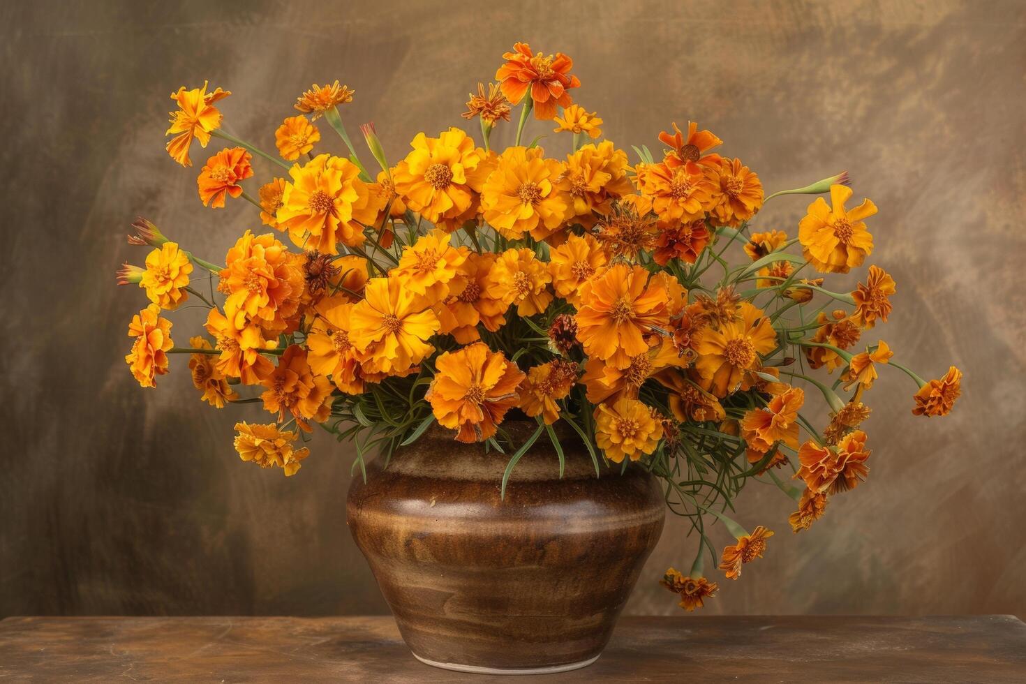 ai généré souci fleurs dans faïence vase sur ancien table photo