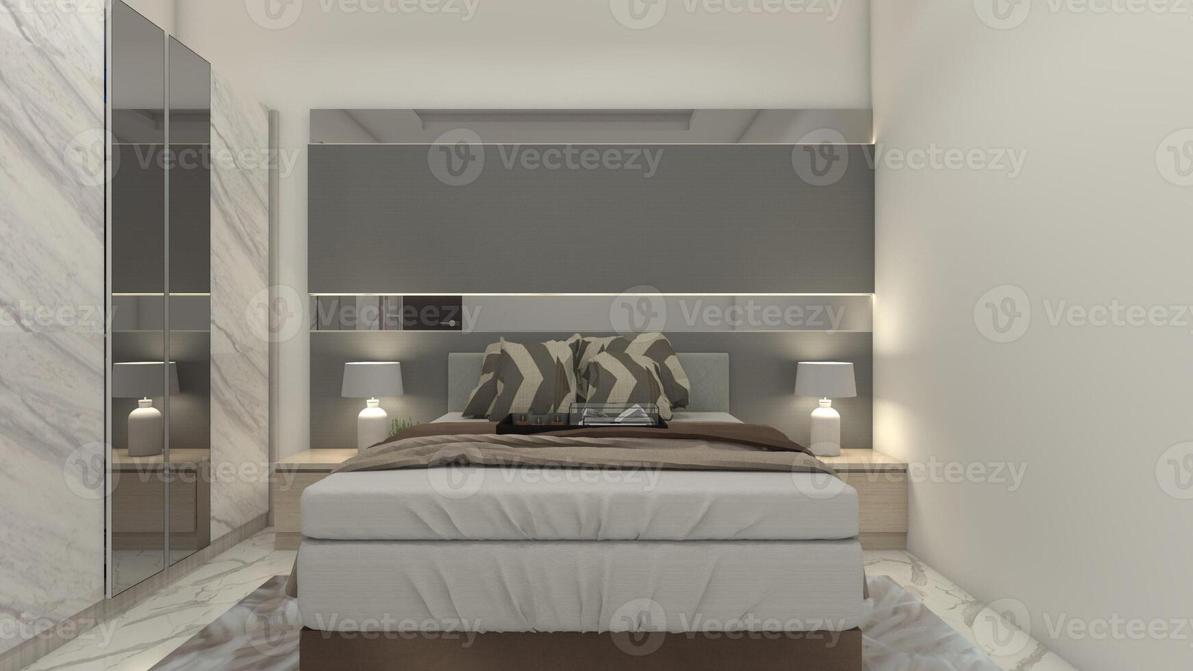 moderne et minimaliste Maître chambre conception avec tête de lit panneau décoration, 3d illustration photo