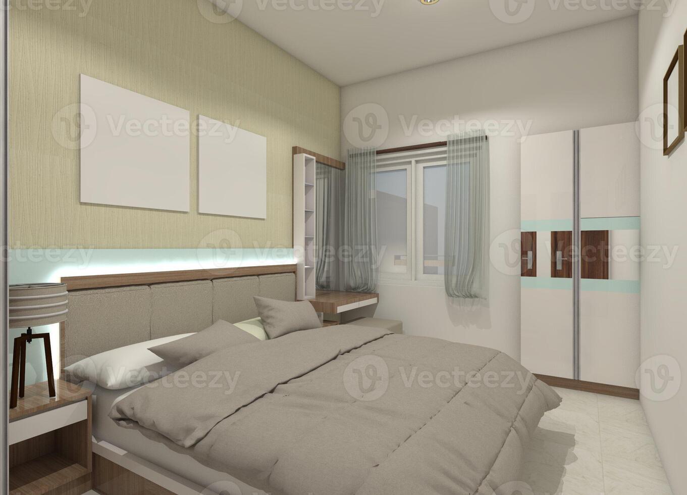 moderne chambre avec minimaliste tête de lit et vêtements garde-robe, 3d illustration photo
