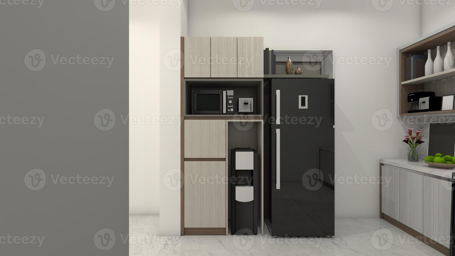 moderne espace de rangement cabinet conception pour distributeur et réfrigérateur, 3d illustration photo