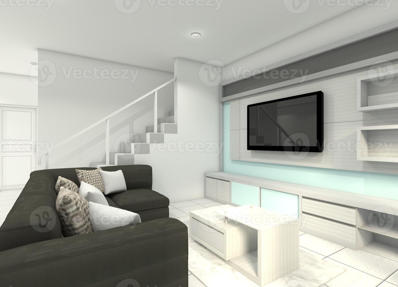 intérieur vivant pièce avec canapé, café table et la télé armoire, 3d illustration photo