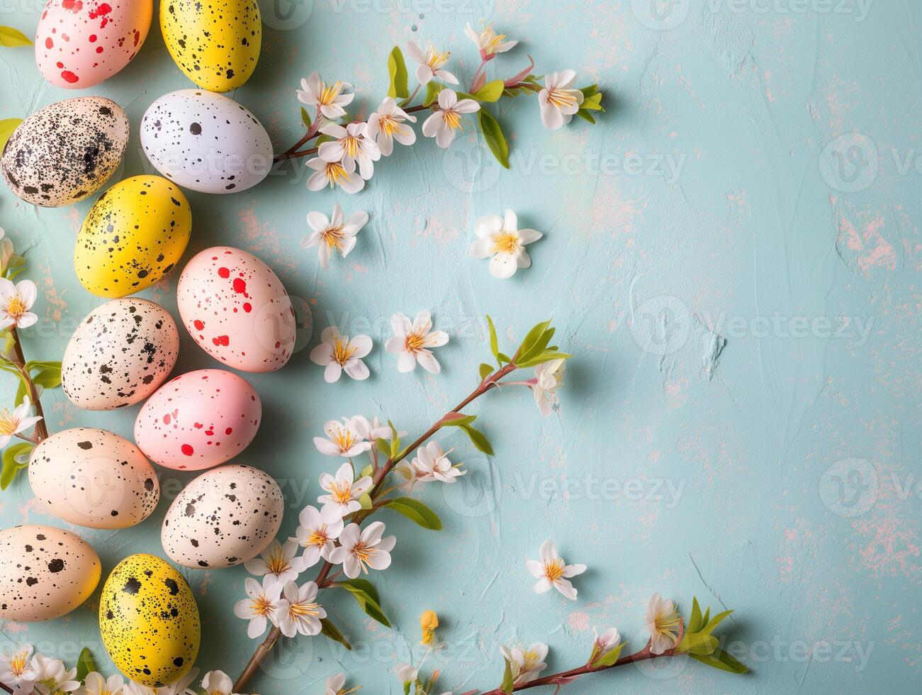 ai généré content Pâques. de félicitations Pâques Contexte. Pâques des œufs et fleurs sur bleu. photo