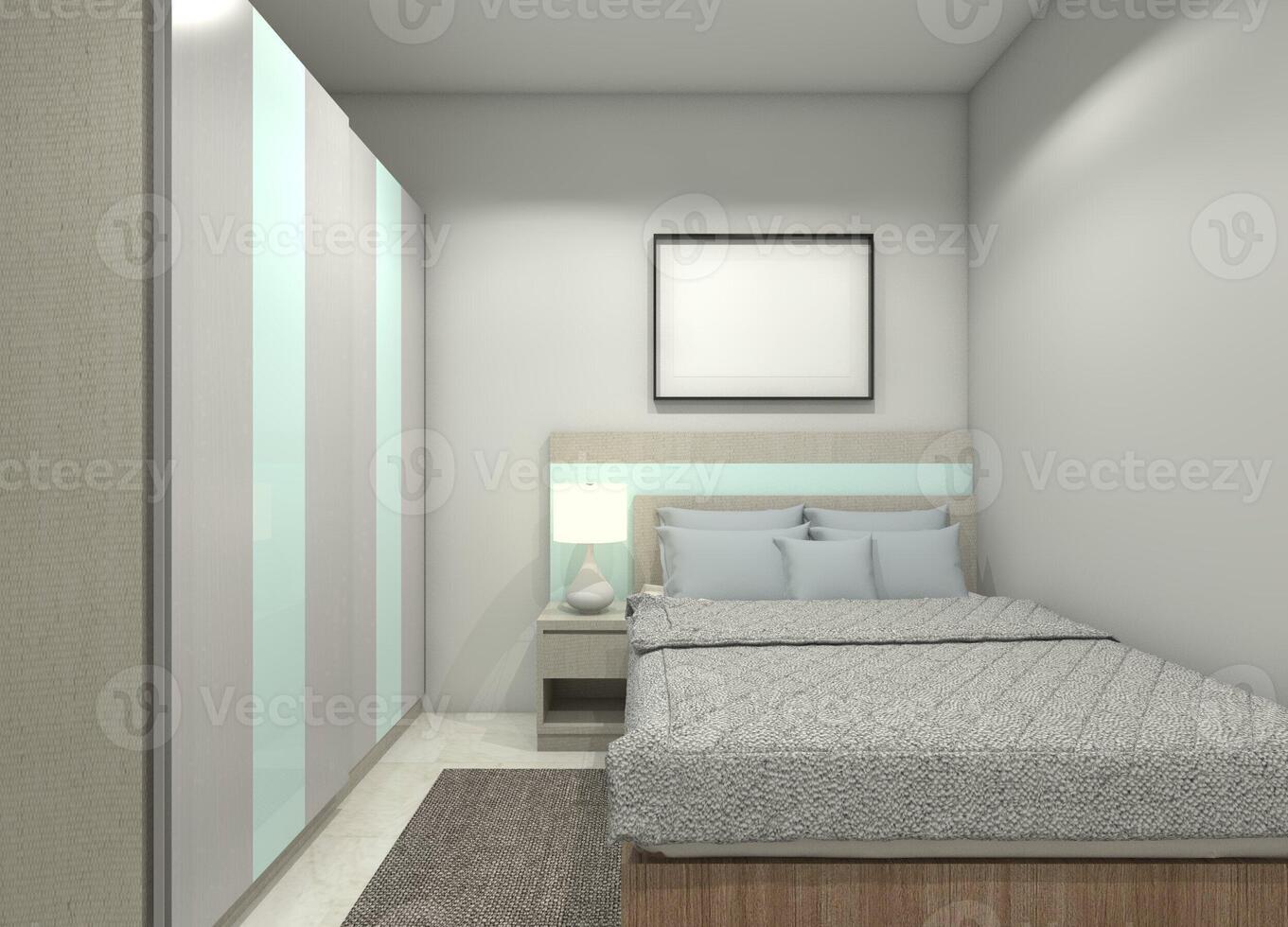 moderne chambre conception avec minimaliste tête de lit panneau et garde-robe armoire, 3d illustration photo