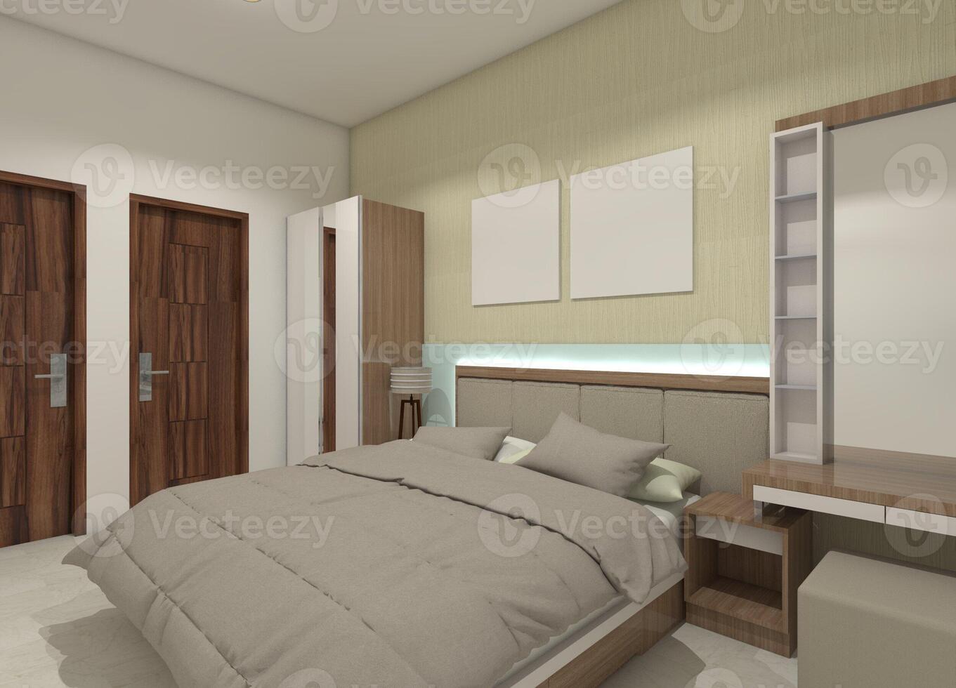moderne chambre conception avec pansement table et vêtements garde-robe, 3d illustration photo