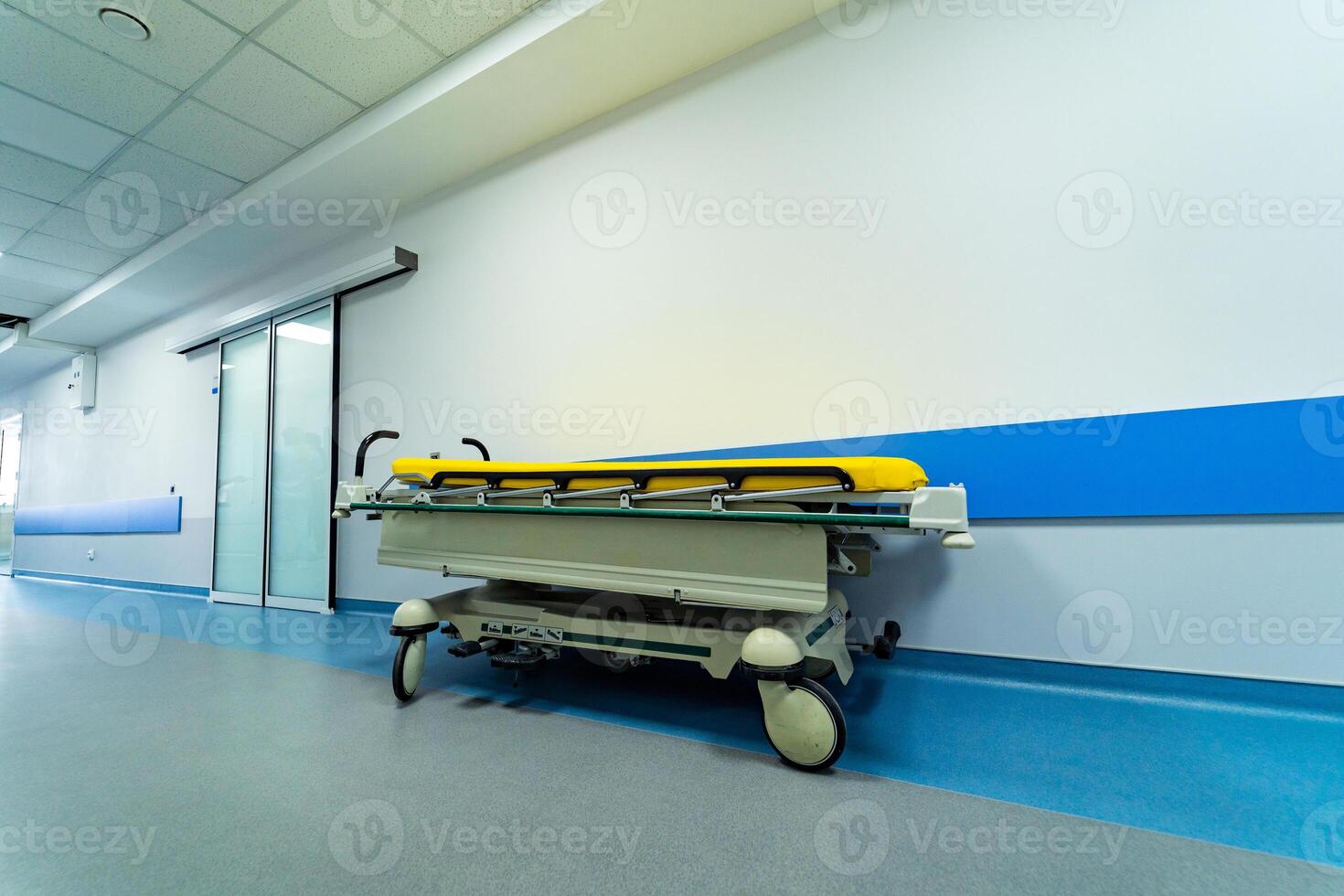 moderne médical intérieur dans hôpital. clinique soins de santé couloir avec des portes dans salle. photo