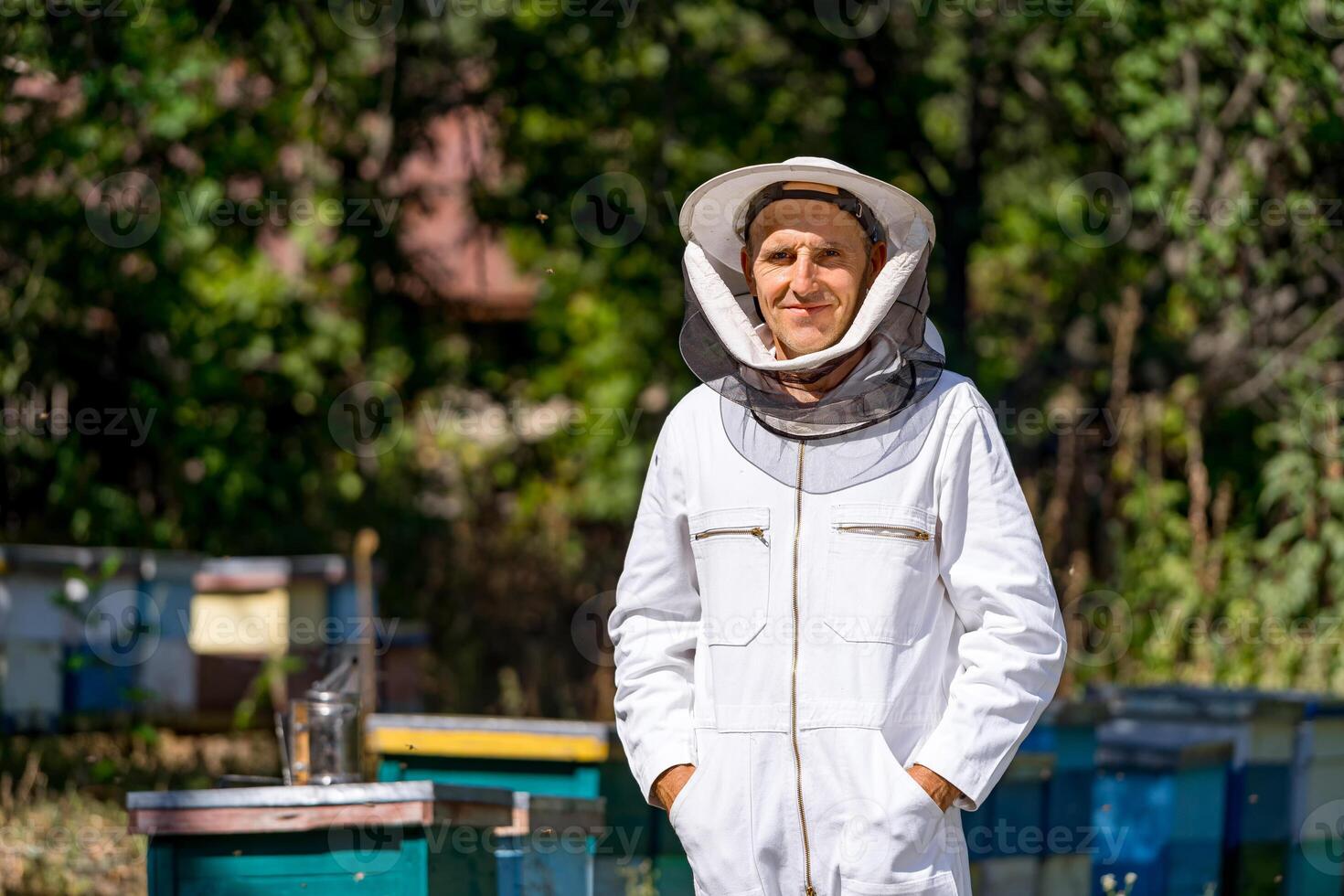 Beau homme travail apiculture avec ruche. récolte cire d'abeille dans ensoleillé été. photo